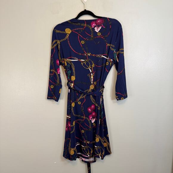 JustFab Mini Wrap Dress XL Blue Multi Chain Floral Tie Waist Surplice Equestrian - Picture 2 of 8